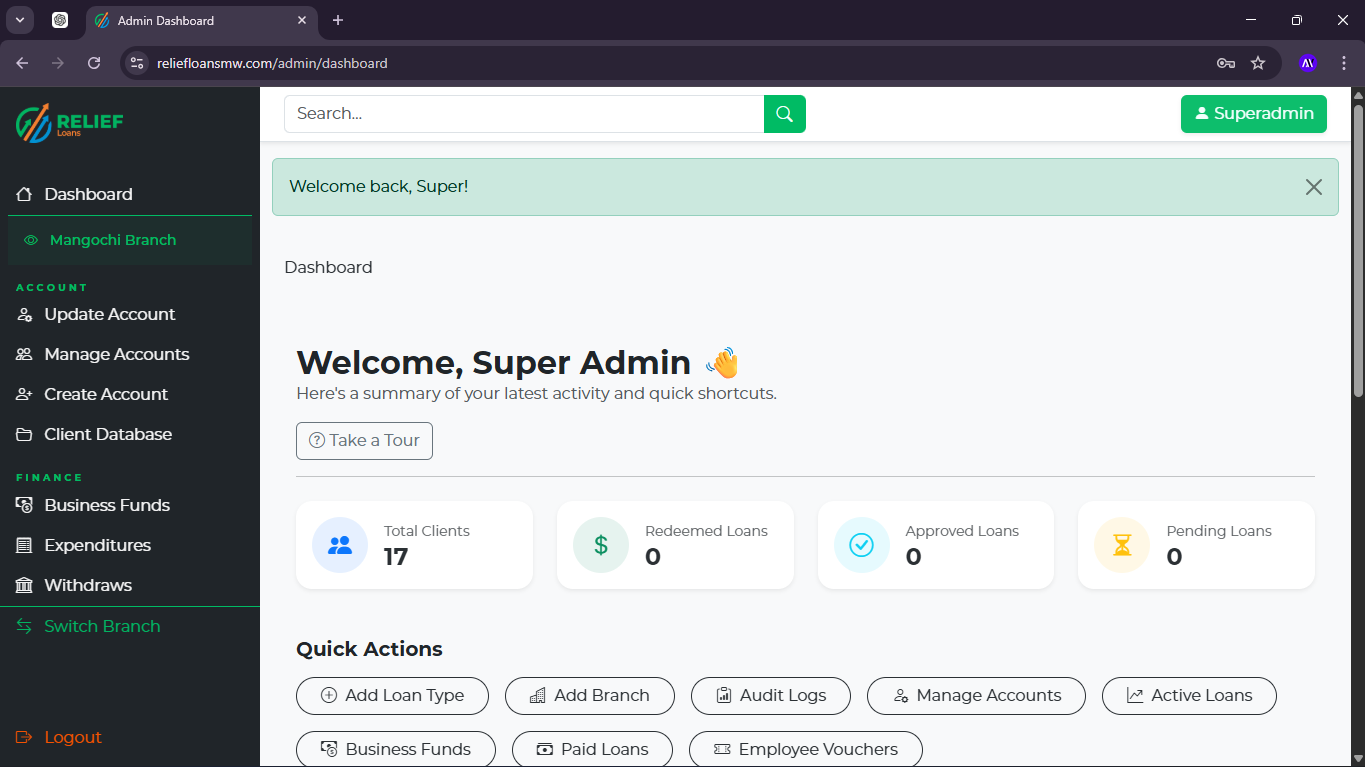 Relief Loans MW admin preview