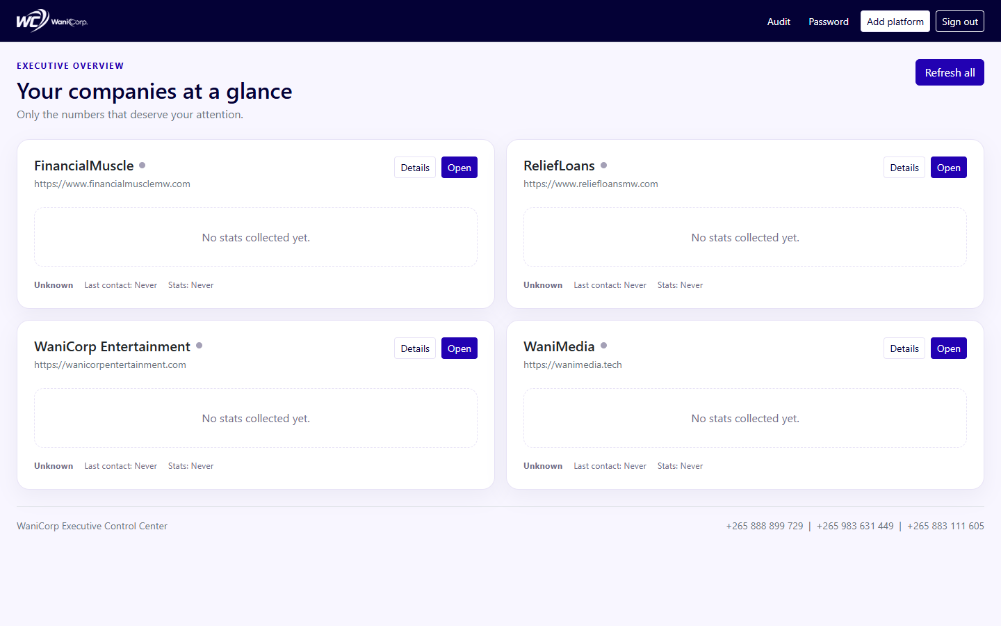 WaniCorp Executive Control Center admin preview