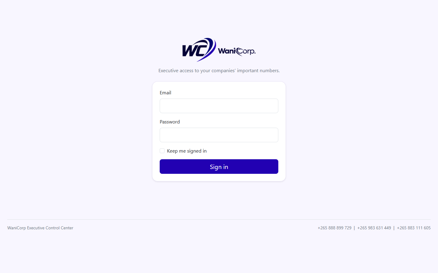 WaniCorp Executive Control Center homepage preview